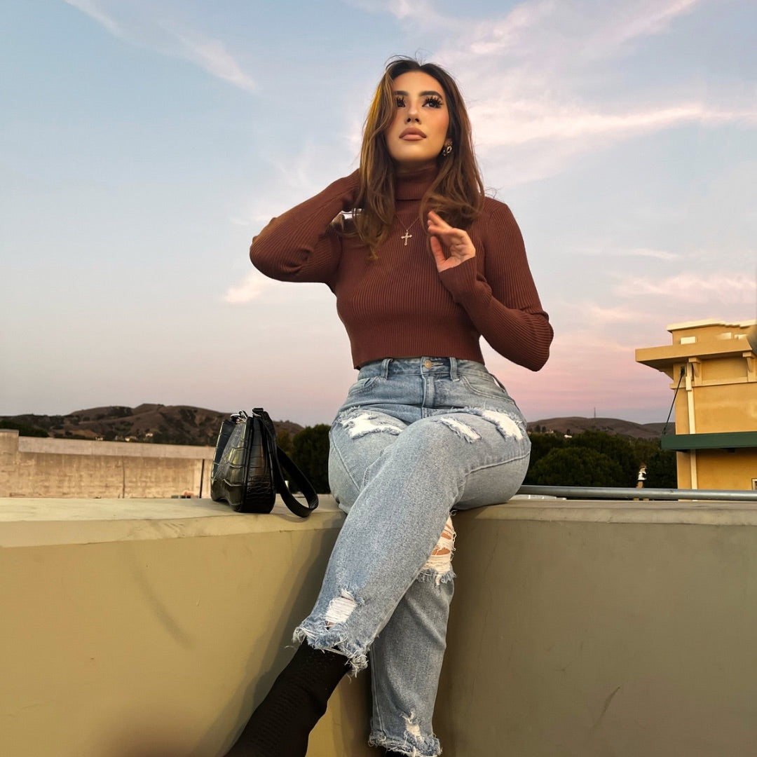 Chocolate Turtle Neck Crop Top